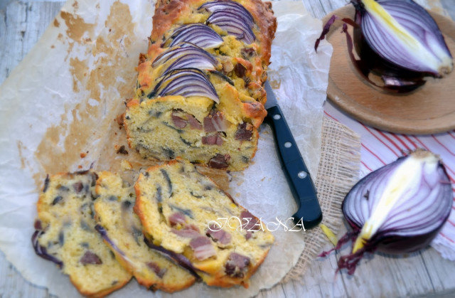 Savory Cake with Red Onion and Smoked Bacon