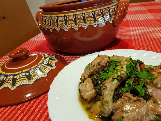 Rabbit with Spinach in a Clay Pot