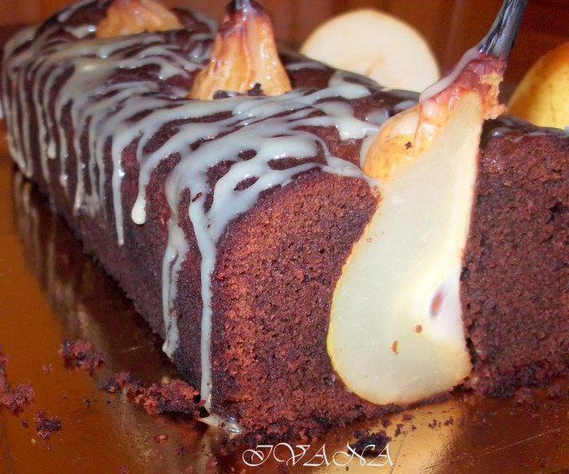 Chocolate Sponge Cake with Whole Pears
