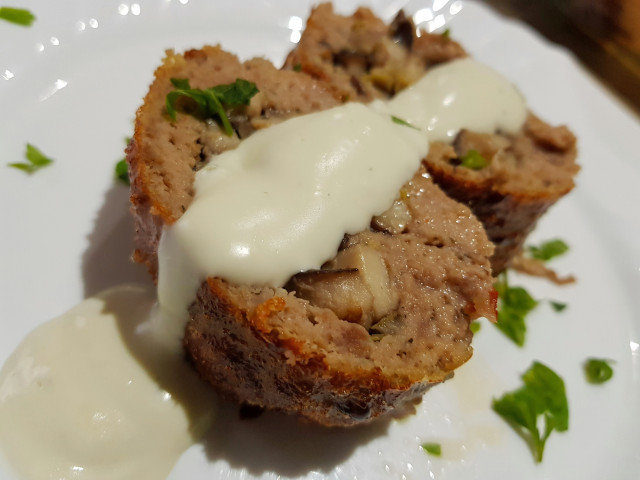 Meat Roll with Mushrooms and Blue Cheese Sauce