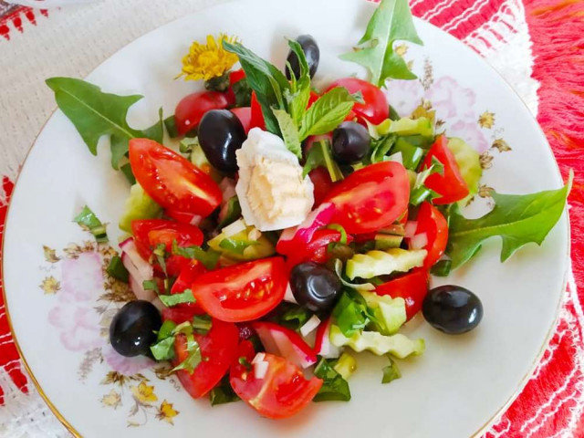 Colorful Salad with Radishes, Cherry Tomatoes and Dandelion Leaves