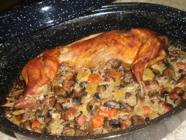 Stuffed Marinated Rabbit with Rice and Vegetables
