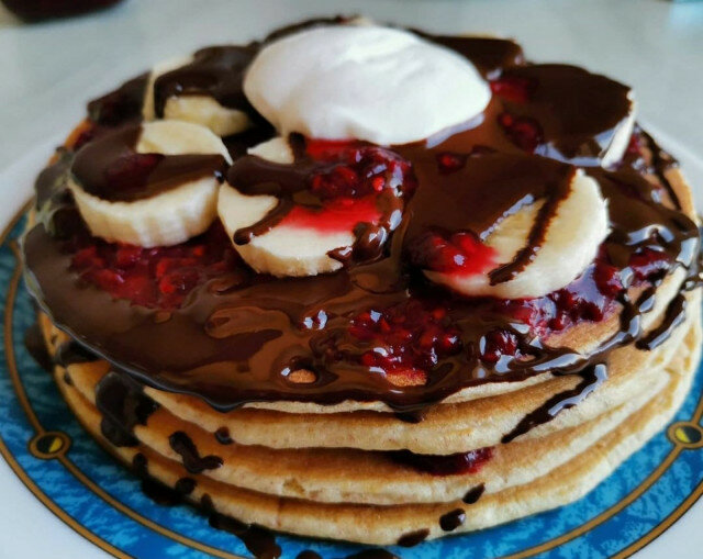 American Pancakes with Chocolate and Raspberry Jam