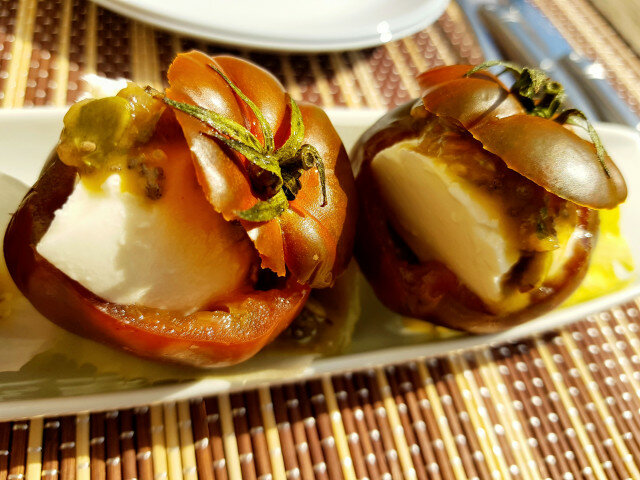 Stuffed Tomatoes with Mozzarella and Chia and Pumpkin Seed Vinaigrette