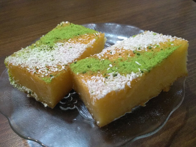 Revani with Pistachios and Coconut Shavings