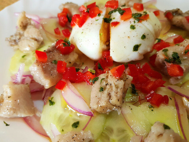Herring, Cucumber and Poached Egg Salad
