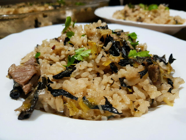 Rice with Beef, Black Trumpets and Leeks