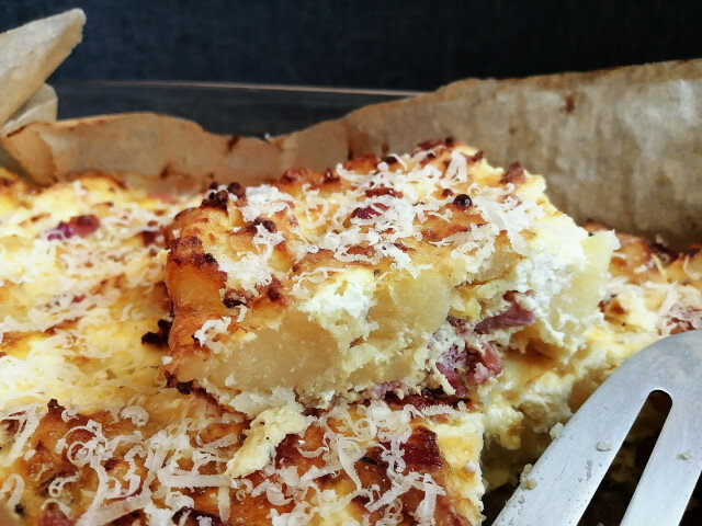 Casserole with Potatoes, Bacon and Feta Cheese