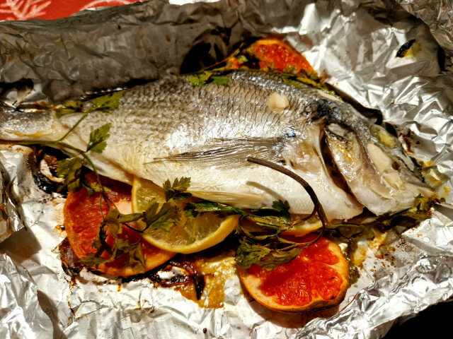 Sea Bream in Foil with Red Onion and Grapefruit