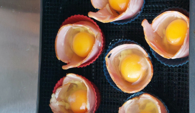 Air Fryer Baskets with Bacon and Eggs