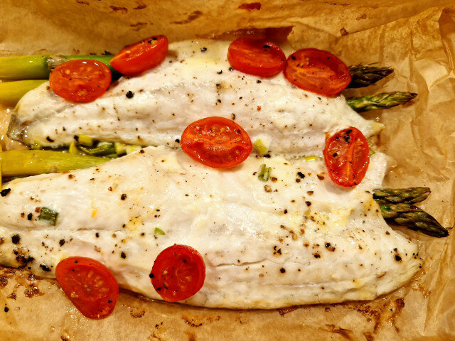 Sea Bass Fillet with Asparagus in Parchment Paper
