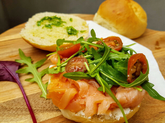 Cold Sandwiches with Salmon and Homemade Bread Rolls