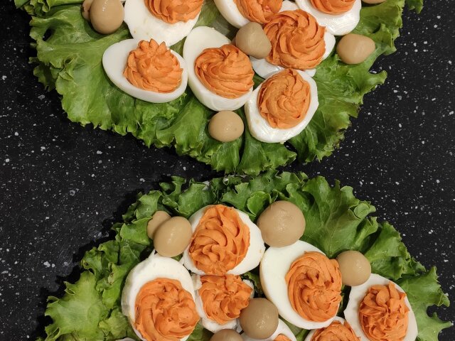 Stuffed Eggs with Roasted Pepper Dip