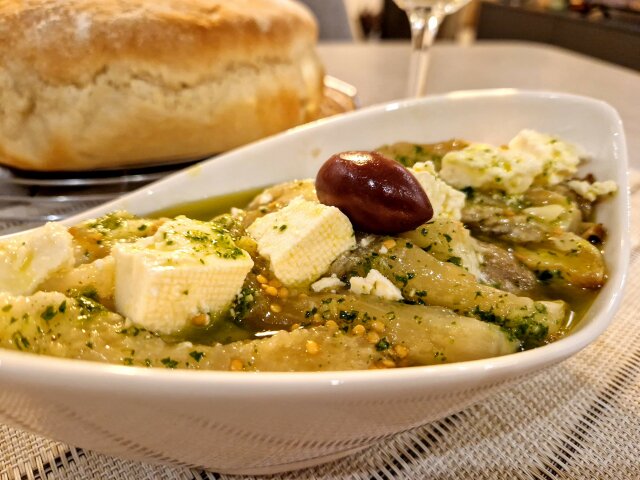 Eggplant Salad with Sheep`s Cheese and Parsley Pesto