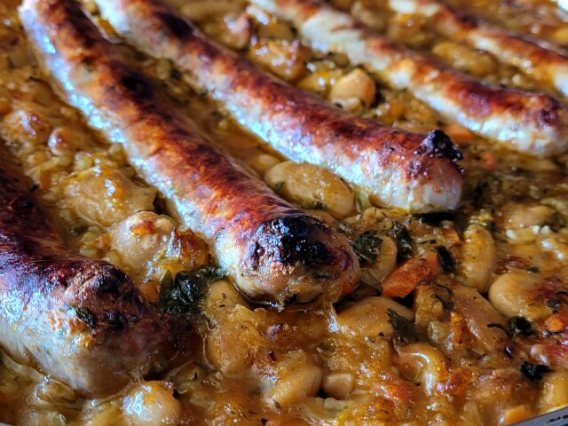 Oven Roasted Sausages and Beans